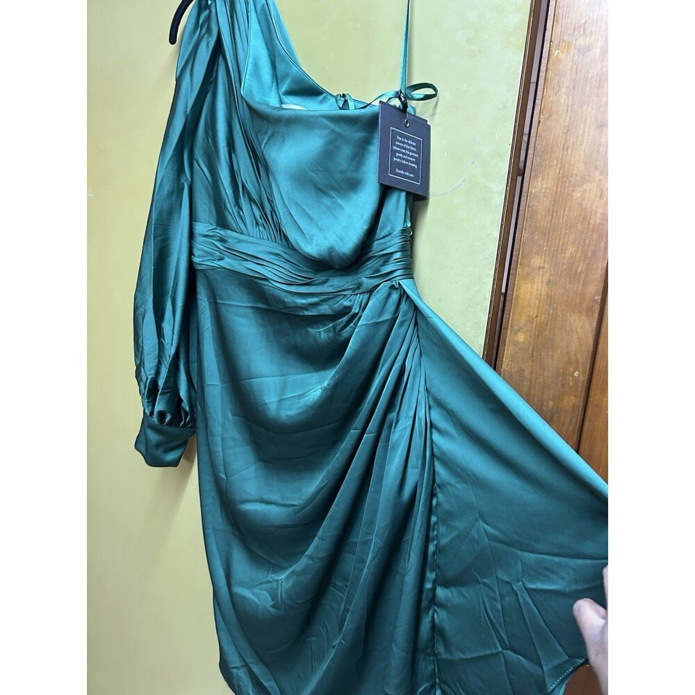 Ieena For Mac Duggal Emerald One-Shoulder Satin Ruffle Cocktail Dress Size 6 New - Picture 3 of 7